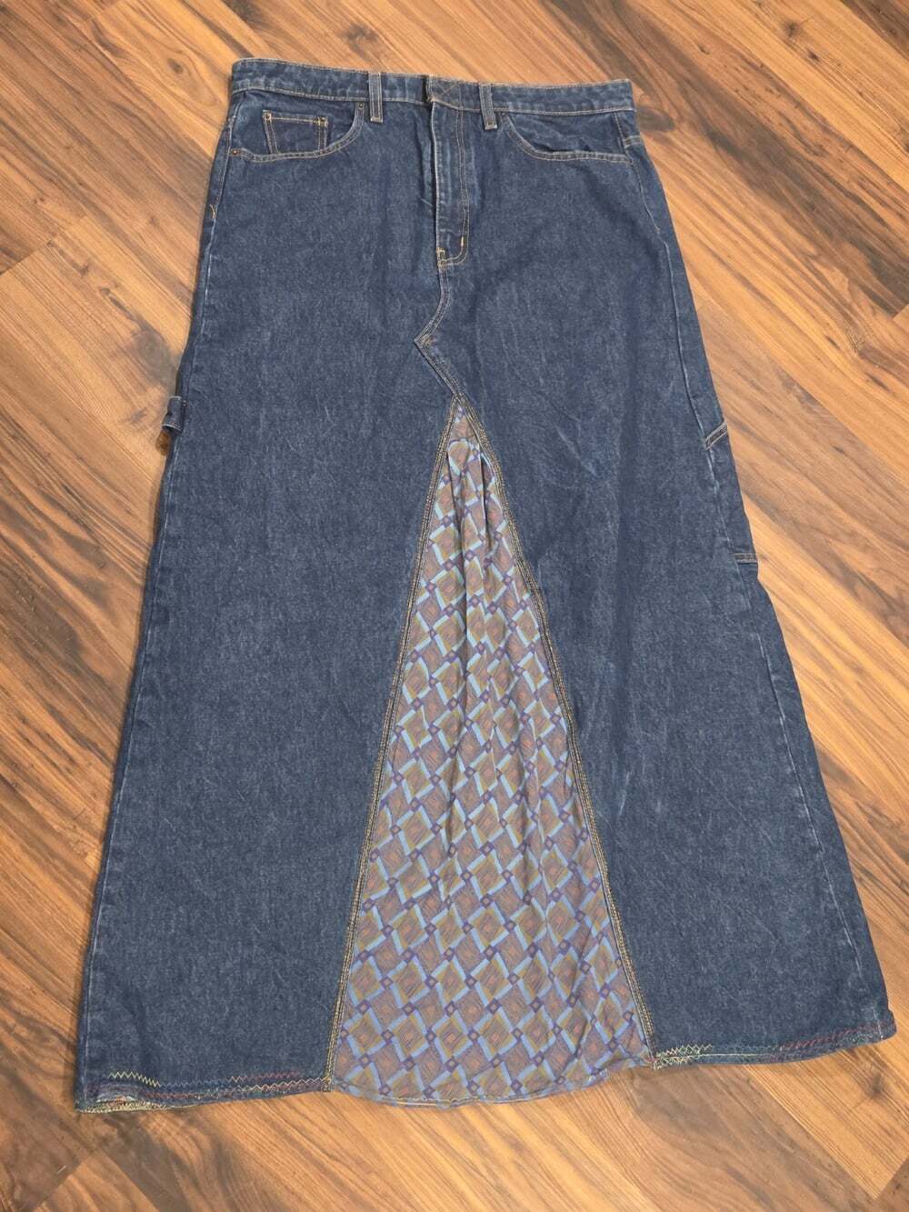 BDG Urban Outfitters Patchwork Denim Maxi Carpenter Skirt Size Large - Picture 1 of 15